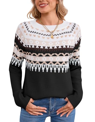 Image of Women's Fair Isle Sweater Crew Neck Long Sleeve Heart Sweater Vintage Tops