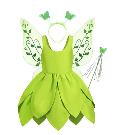 Nsywmzy Halloween Fairy Costume Dress For Girls Princess Tutu Dresses Skirt Butterfly Wing Wand Hair Hoop Birthday Party Gift (Green 4 Pieces Set 2, 2-3 Years)