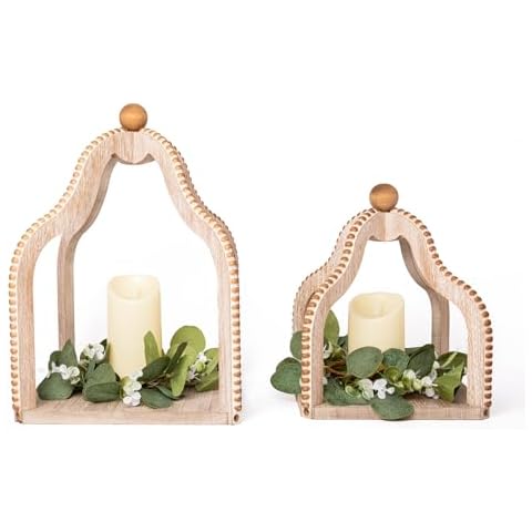 HPC Decor 2 Pack Rustic Farmhouse Lantern Decor,Vintage Wood Beaded Lanterns,Brown Candle Lanterns Decorative w/LED Lights String and Garland for Home, Indoor,Outdoor,Table, Fireplace, Mantle Decor Cover