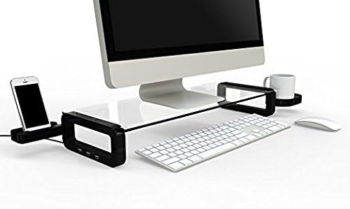 UBOARD SMART - Tempered Glass Monitor Stand Shelf USB Multiboard for your PC, iMac and iPhone (Built-in 3 Port USB 2.0 Hub) - Black