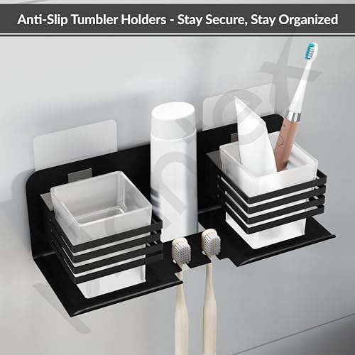 Image of Plantex Stainless Steel Self Adhesive Double Tumbler Holder /Toothbrush Stand for Bathroom /Toothpaste Holder /Bathroom Accessories - Pack of 1 (Black)