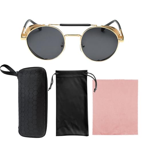 TYFGRT 1 Gafas De Sol Steampunk, 1 Estuche Para Gafas, 1 Bolsa Para Gafas, 1 Paño Para Gafas, Gafas De Sol Retro Con Montura Redonda, Gafas De Sol Polarizadas, Gafas De Sol Unisex