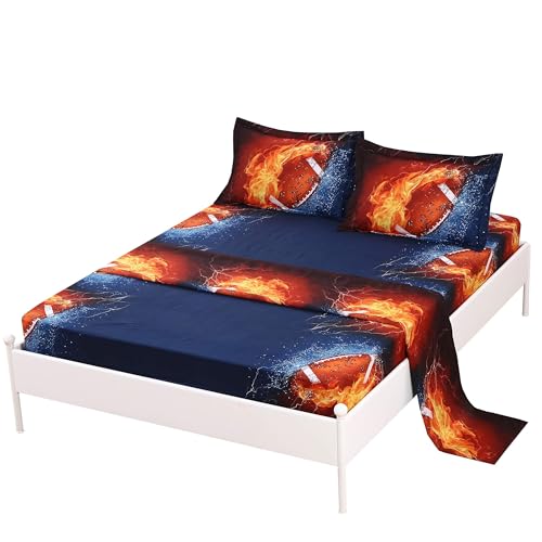 SDIII 4PCS American Football Sheets Full Set, Soft Microfiber Deep Pocket Sports Sheets Full Size for Boys Girls Kids and Teens All Season