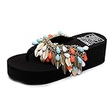 MIOKE Women's Boho Fringe Wedge Flipflops Summer Platform Comfort Nonslip Metallic Beach Thong Sandals