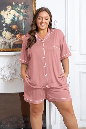 Image of Vozanet Women's Plus Size Button Down Pajamas Soft Lounge Sets Shorts with Pockets Bride Nighty Solid Soft Pjs 1x to 5x
