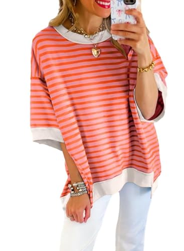 Image of SHEWIN Womens Tops Casual Short Sleeve Sweatshirt Crewneck Striped Shirt Pullover T Shirts Loose Blouses