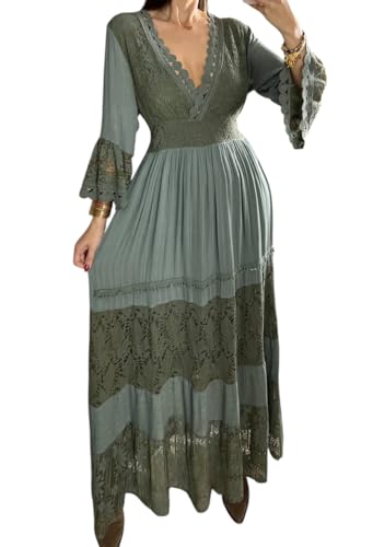 Robe longue vintage en dentelle vert sauge à col en V et manches cloches pour femme