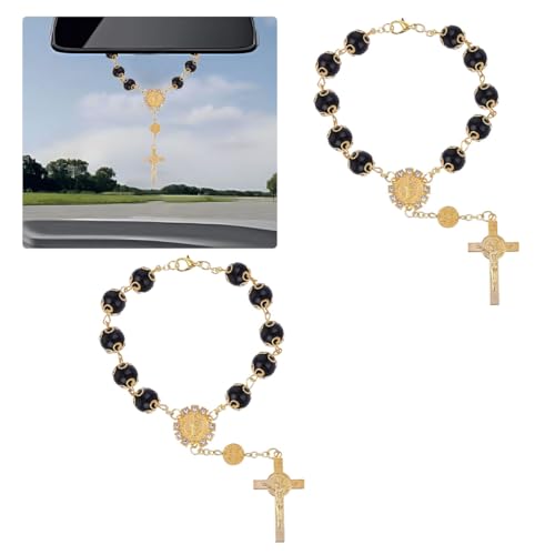 ZIMISI 2PCS Car Rosary for Rearview Mirrors, Personalized Blessing Automotive Rear View Mirror Charm, Cross Rosary Hanging Ornament, Car Mirror Hanging Accessories for Women Men (Black)