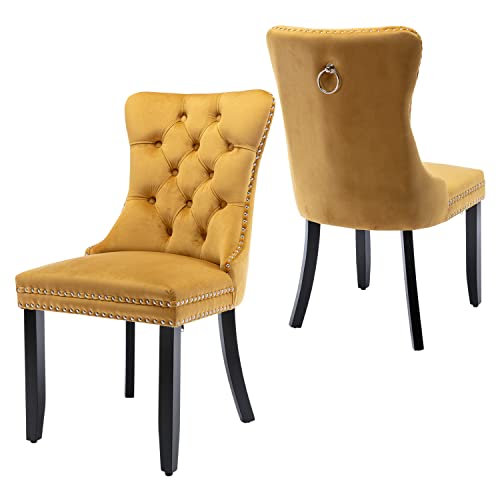 Image of Virabit Velvet Dining Chairs Set of 2, Tufted Upholstered Dining Chairs with Nailhead Back and Ring Pull Trim, Solid Wood Dining Chairs for Kitchen /Bedroom /Dining Room (Gold)