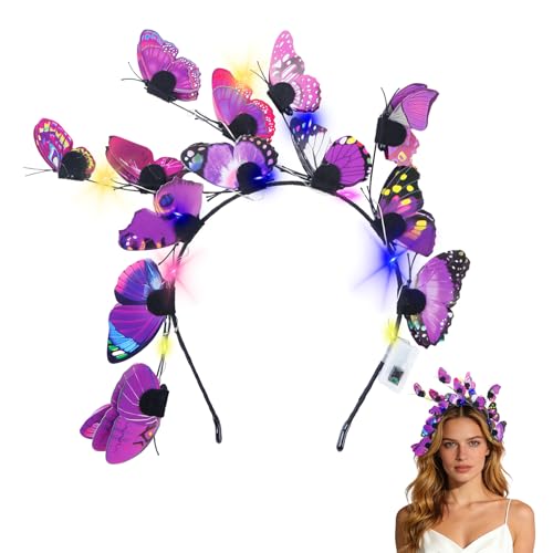 Schmetterling Haarreif Damen Schmetterling Kopfbedeckung LED, Schmetterling Stirnband Karneval Accessoire Kopfschmuck für Damen Karneval Masquerade Party Foto Requisiten