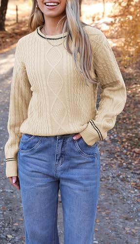 Image of Zeagoo Cable Knit Sweater Women Crewneck Long Sleeve Sweater 2024 Fall Chunky Vintage Pullover Tops