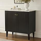 HoeuThien Black Accent Storage Cabinet Modern Freestanding Sideboard Buffet with Faux Marble Top Adjustable Shelves Wood Organizer for Living Room