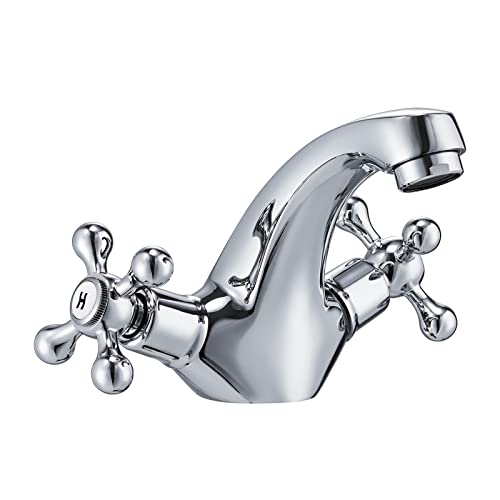 Peppermint Basin Mixer Tap Bathroom Sink Taps Chrome Crosshead Basin Taps Mono Traditional Victorian Double Handles Bathroom Taps Mixer Faucet with Standard Hoese