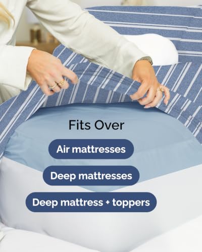 Image of Extra Deep Flex Top Split Head King Sheet Set - 6 Piece Breathable and Cooling Sheets - Hotel Luxury Bedding for Women, Men, Kids & Teens - Easy Secure Fit - Extra Deep Pockets - Blue Stripes 3