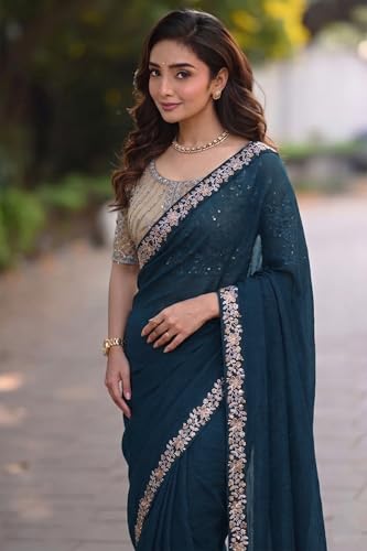 Image of Women's Designer Bollywood Soft Georgette Heavy Embroidery Sequins Work Sarees For Wedding With Blouse Piece