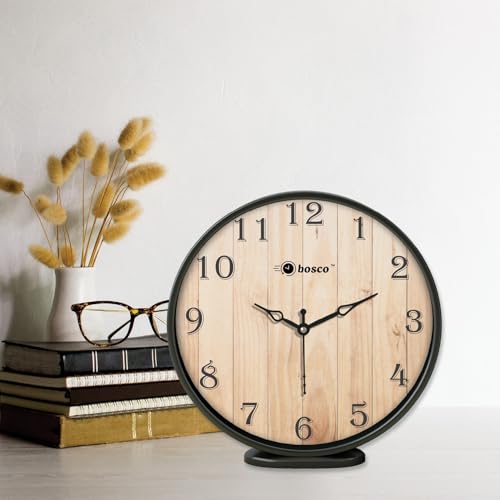 Image of Bosco Modern and Decorative Non Ticking Silent, Brown & Black dial Frame 20 CM Table Cum Round Wall Clock for Home, Living Room, Bedroom, Office and Kitchen I BWC-1201 Brown & Black
