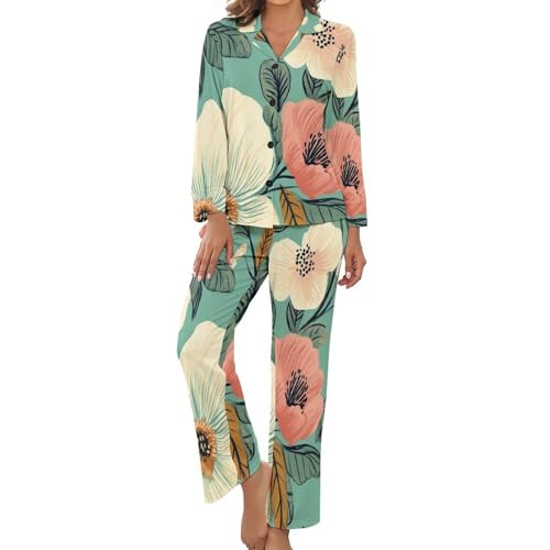 Ensemble pyjama femme fleurs peintes main - Vêtement d'intérieur boutonné haut de nuit élégant