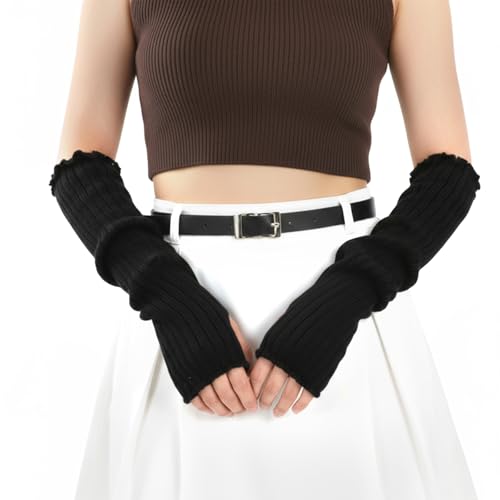 Y2k Gestrickte Armstulpen Damen,Winter Kawaii Handstulpen,Weich Y2k Armstulpen,Japanischer Pulswärmer Damen,Warme Long Fingerlose Handschuhe mit Daumenloch (Schwarz)