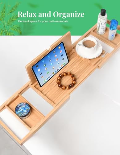 Bandeja de baño extensible de madera de bambú de lujo con puente ajustable 3