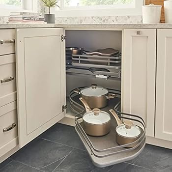 Rev-A-Shelf 15 Inch 2 Tier Solid Bottom Shelves Pull-Out Organizer for Left Door, Blind Right Corner Cabinets with 15 Inch Openings, Fog Gray