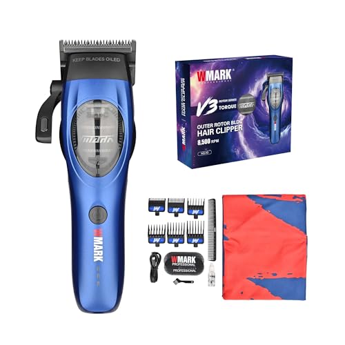 WMARK Professional Torque Cordless Outer Rotor BLDC Hair Clipper – 8500RPM High Torque DLC Stainless Steel Blade, Barbershop Clipper with 6 Guide Combs & Barber Cape, NG-V3