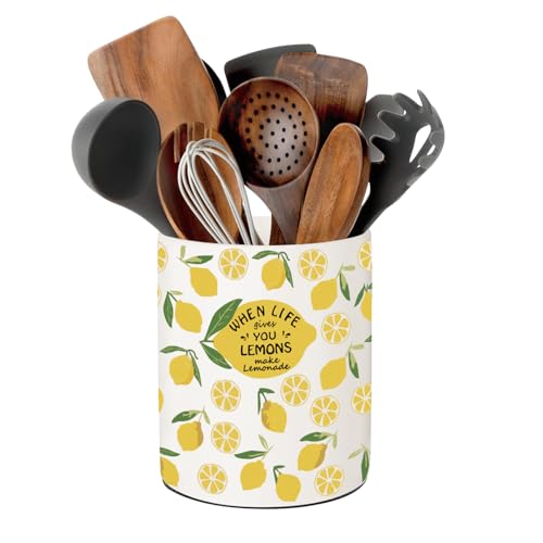 BOXJINCO Lemon Kitchen Decor, Ceramic Utensil Holder Lemon Decor, 6.5 Inch Farmhouse Indoor Kitchen Decorative Utensil Rack For Spoon Storage And Cooking Tools