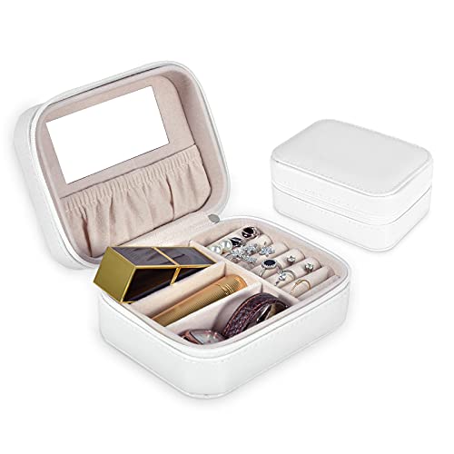 Kleine Schmuckkästchen mit Spiegel, Reise Schmuckbox mit PU-Leder & Samtfutter, Mini Schmuckschatulle Aufbewahrungsbox für Ringe, Ohrringe, Halskette, Armbänder, Geschenk für Damen Mädchen - Weiß Cover