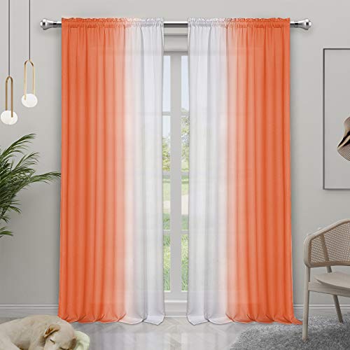 Melodieux Cortinas semitransparentes de lino de 96 pulgadas de largo para sala de estar, color naranja y blanco degradado horizontal, cortinas de gasa, 132 x 236 cm, 2 paneles