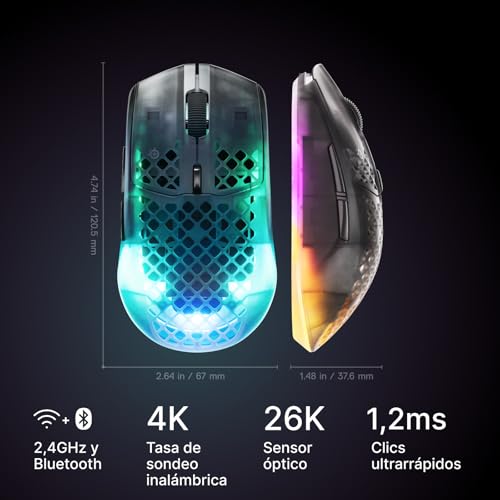 Miniatura 2 de Steelseries Aerox 3 Wireless Gen 2: Ratón Gaming de 68 g, Tasa de Sondeo: 4K, Sensor Óptico: 26 000 dpi, Batería: 200 h, Clasificación IP54, 80 M de Clics, RGB, Deslizadores 100% PTFE, Shadow
