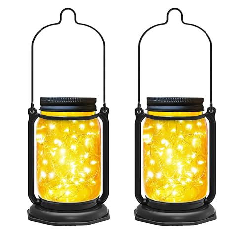 Solar Mason Jar Lights,2 Pack 30 Led Starry Fairy String Hanging Mason Jar Lantern Lights,Solar Lanterns for Outdoor Patio Party Garden Yard Wedding Decor (Mason Jars/Handles Included)
