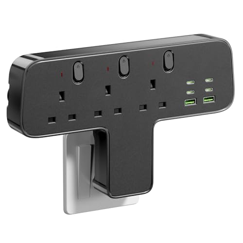 Banaplo Multi Plug Adaptor, 9-IN-1 Plug Extension Socket 3 Way 6 USB(3.8A,4 Type-C), 13A 3250W Plug Adapter UK, Wall Plug Extender with Independent Switches for Home Office Kitchen(Black)
