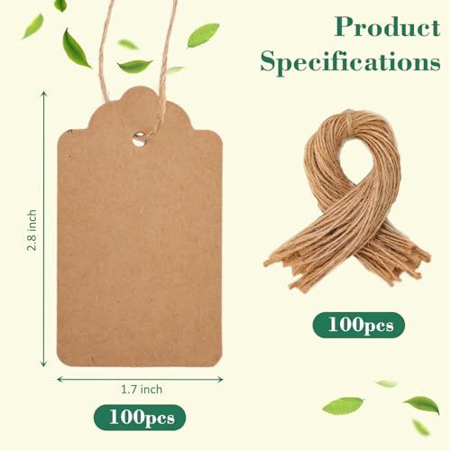 SallyFashion 100pcs Gift Tags with String Attached, 1.7 x 2.8 inch Kraft Paper Hang Tags for Clothes DIY Crafts Wedding Holiday (Brown)3