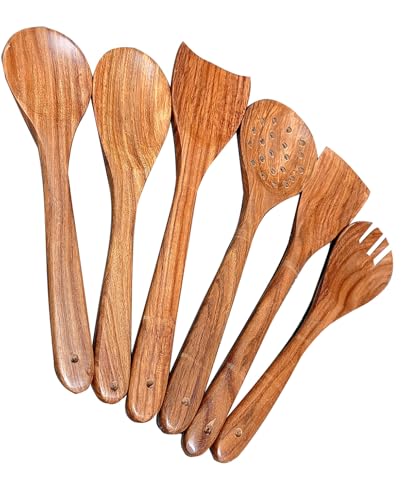 Image of Wooden Kitchen Utensil Set, 6-Piece with Cutley Holder Handcrafted Cooking Tools with Barrel Holder with Fine Finish Spoons Set Kitchen Cooking Spoon Set