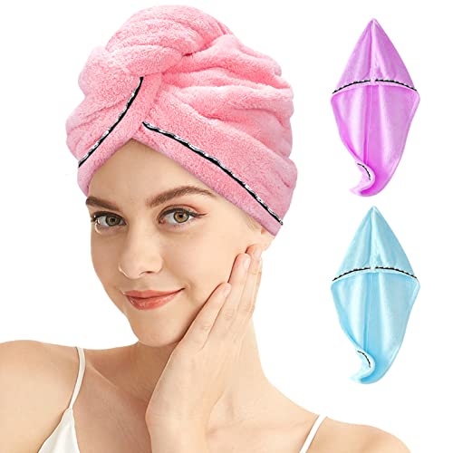 Mnixy Hair Towel Wrap, 3 Pack Microfiber Hair Towel Turban Wrap with Button Super Absorbent Quick Dry Hair Towel for Women Girl Wet Long Curly Thick Hair, Blue,pink,purple, 65 x 25 cm