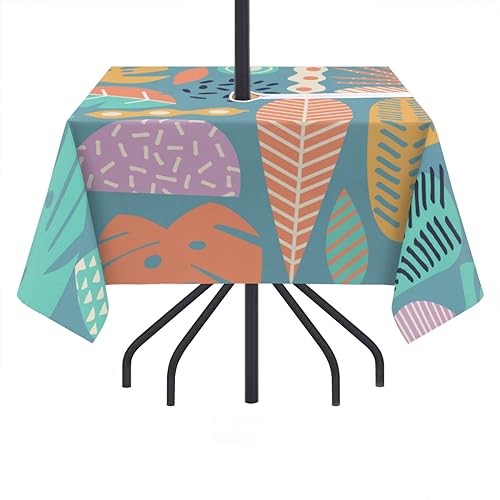 QsirBC Cartoon Palm Leaf Outdoor Tablecloth with Umbrella Hole and Zipper Wrinkle-Free Stain Resistant Washable Square Tablecloth for Patio Garden Picnic Camping 60 X 60 Inch