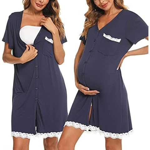 Uniexcosm Camisón Maternidad Lactancia Manga Corta Algodon con Encaje y Botones Cover