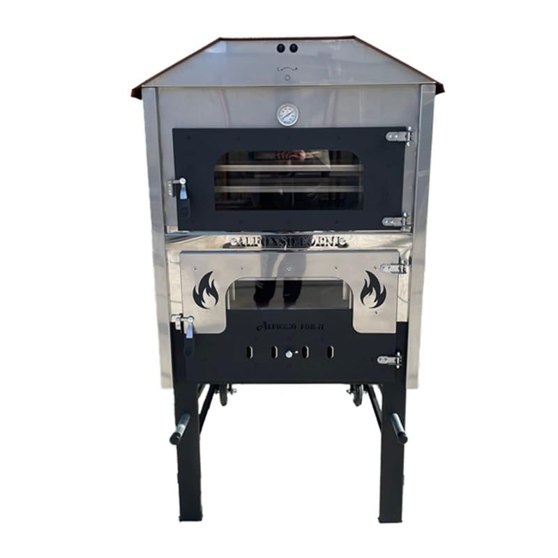 Forno a Legna Fuoco Indiretto Mattoni refrattari Portatile In Acciaio Da Esterno Girarrosto Automatico Ventilato 3 Livelli Di Cottura,Pizza Pane Pollo Kebab Luxor V2 Plus Girarrosto