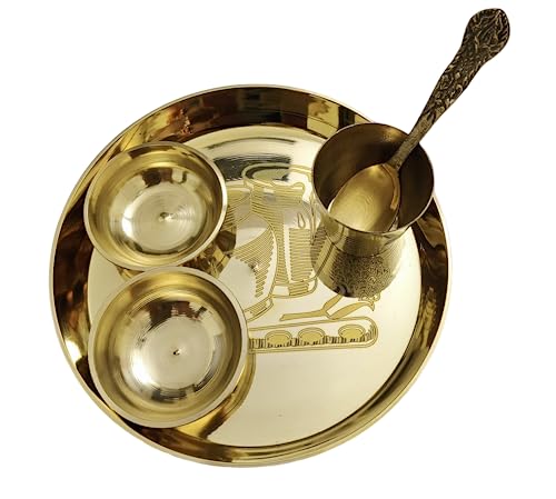 Image of Brass Laddu Gopal Pooja Bhog Thali Set for Home Temple Traditional Pooja Bartan Plate Pital (14 x 14)