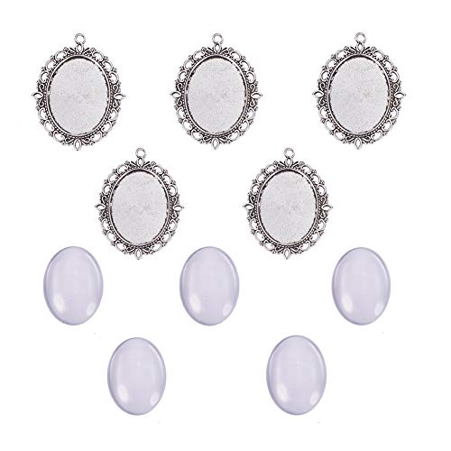 Pandahall 5 Sets 40x30mm Oval Clear Glass Cabochon Cover and 61x48mm Antique Silver