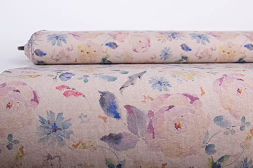 LinenBuy Vintage Flowers 100% Linen Fabric Digitally Printed Medium Weight Pre-Washed Fabric by The Yard (1 Yard, Vintage Flowers)