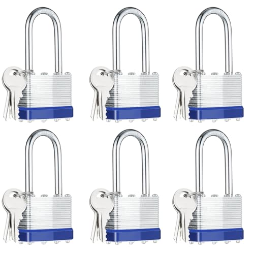 6Pcs Padlocks with Same Keys,Laminated Steel Blue Silver(1-9/16",40mm),Long Shackle for Sheds,Gates,Fences,Toolbox,Outdoor and Indoor Use