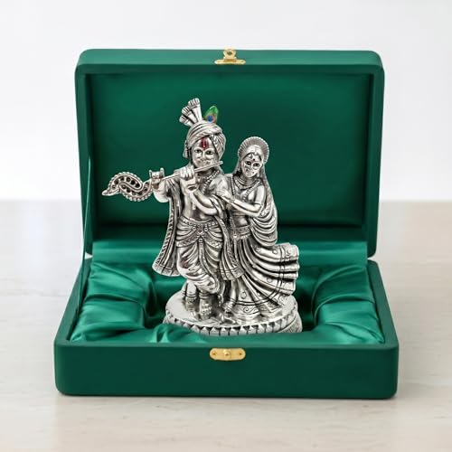 Image of Premium Silver-Plated Radha Krishna Idol Statue for Pooja Room | Home Decor | Mandir Temple | Radha Krishna Statue | Decorative Showpiece | Festive Gifting | 5.3 Inch