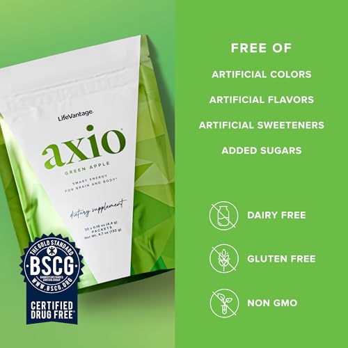 Image of LifeVantage AXIO Regular Energy Drink Powder, Nootropic Supplement, Focus & Mood Support, with L-theanine, Green Tea, B Vitamins, DMAE, Quercetin & Pine Bark, Green Apple, 30 Packets