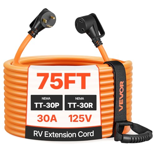 VEVOR 30 Amp 75 Feet RV Extension Cord, 125V 2500W, Heavy Duty 10/3 Gauge STW RV Power Cord, NEMA TT-30P to NEMA TT-30R, with Power Indicator, Cord Organizer, 15A Adapter, for Camper Travel Trailer by VEVOR - Used condition - US$125.95