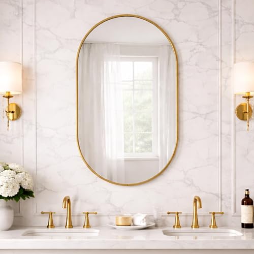 Image of Rousrie Premium Glass Wall Mirror with Golden Border, Capsule Shape, 45 x 30 cm, for Bathroom, Living Room, Washbasin