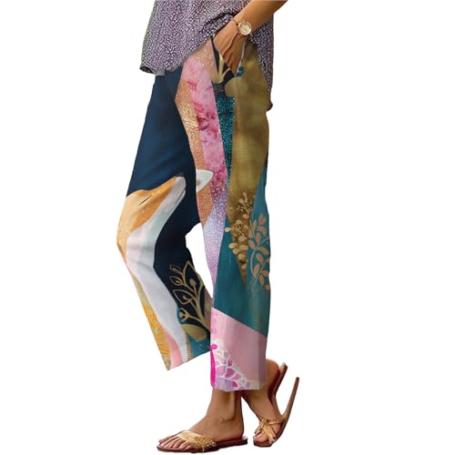 Womens Funny Cat Print Pants High Waisted Baggy Summer Pants Casual Straight Leg Palazzo Trousers with Pockets