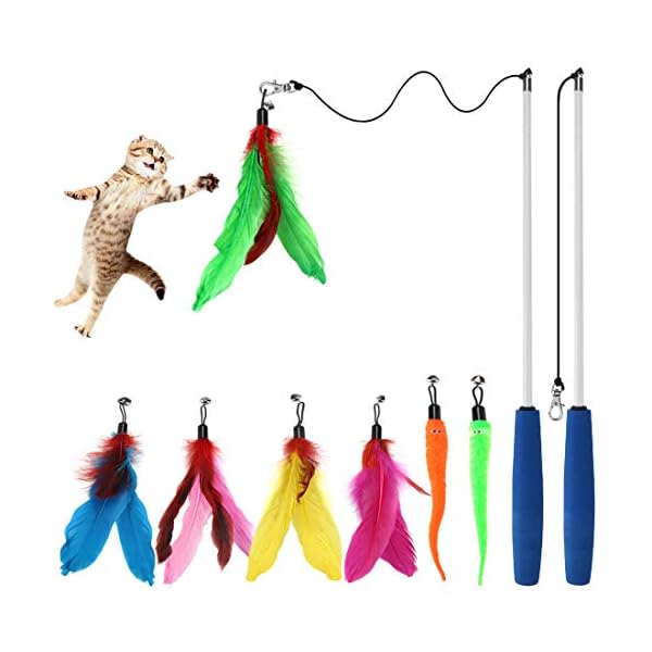 Cat toys feathers wand, interactive cat toy kitten toys 2 retractable cat wand toy and 7 feather teaser refills with bells, telescopic cat fishing pole toy for indoor bored cats gifts exercise pack