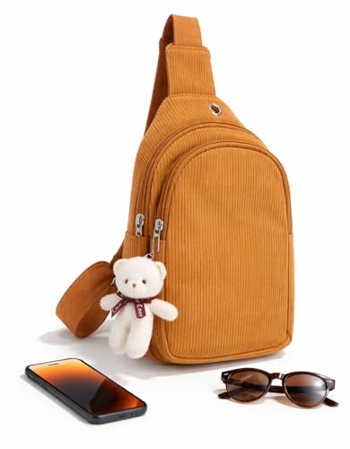 Bolsa Crossbody Feminina Transversal Pochete Cotele Com Ursinho Pelucia Shoulder Bag Compacta 2 Compartimentos Ziper Alca Ajustavel Bolsinha Tiracolo Leve Para Dia a Dia Passeio Viagem Show (Caramelo)