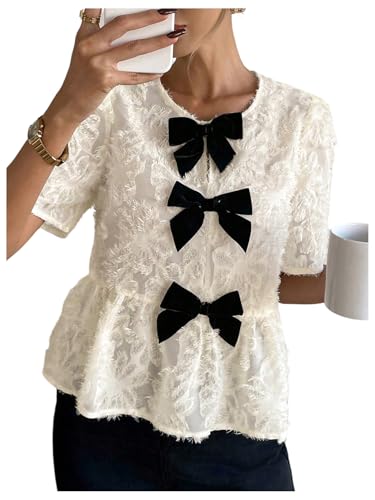 WDIRARA Women's Bow Peplum Top Ruffle Hem Chiffon Blouse Textured Short Sleeve Babydoll Tops