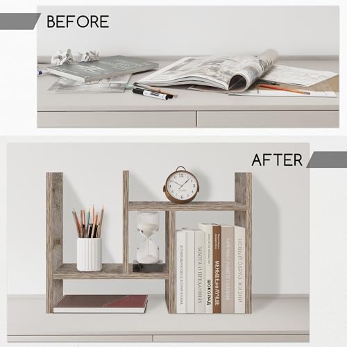Image of Jerry & Maggie Desktop Organizer Office Storage Rack Adjustable Wood Display Shelf Free Style Double H, Multi-Functional Mini Bookshelf for Desk Natural Stand (Gray Oak /2 Pack)